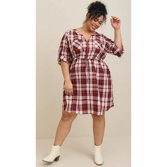 [Torrid] Red Plaid Mini Seersucker Zip Front Shirt Dress Fall Casual NWT Size 2X - Picture 1 of 12